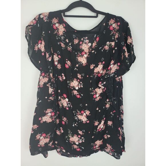 Torrid Blouse 2X Womens Plus Size Black Floral Cap Sleeve Button Front V Neck - Picture 7 of 9